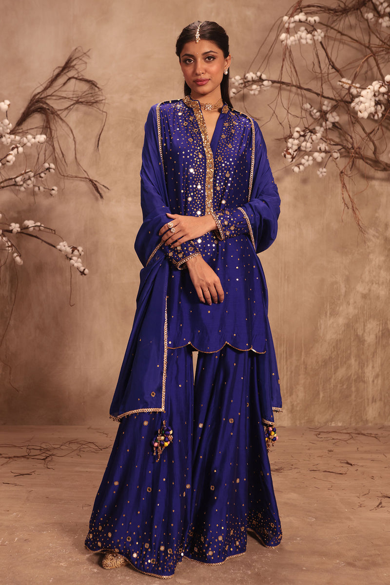 Nazakat Indigo Heavy Mirror Work Sharara Set