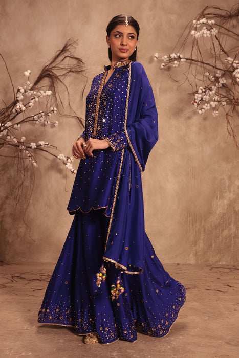 Nazakat Indigo Heavy Mirror Work Sharara Set