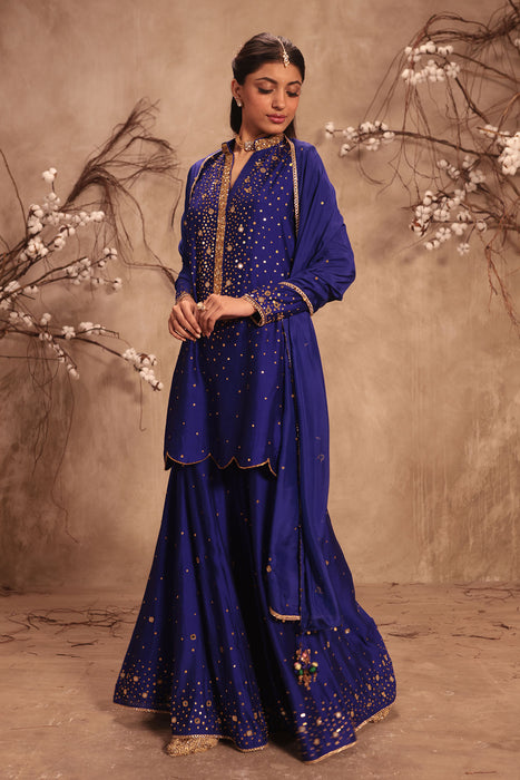 Nazakat Indigo Heavy Mirror Work Sharara Set
