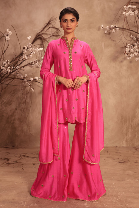 Nazakat Hot Pink Mirror Work Sharara Set