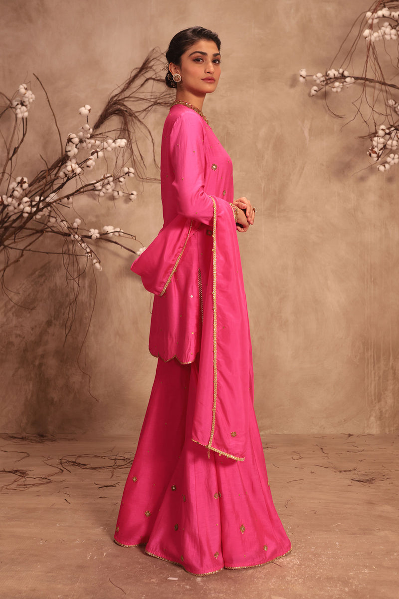 Nazakat Hot Pink Mirror Work Sharara Set