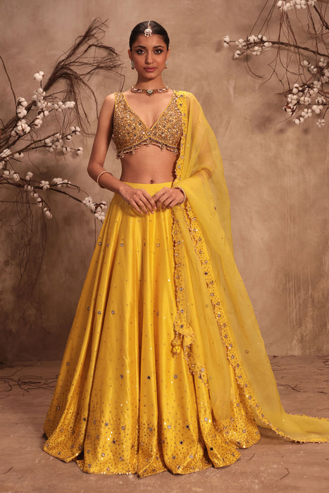 Nazakat Yellow Heavy Mirror Work Sleeveless Lehenga Set