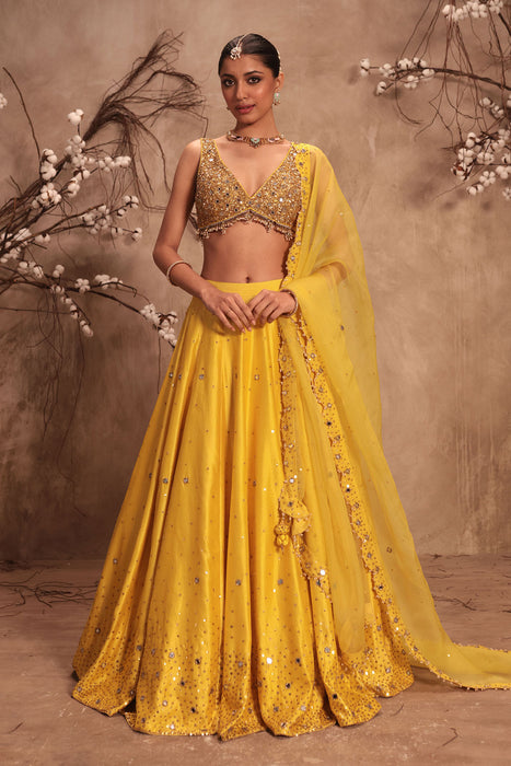 Nazakat Yellow Heavy Mirror Work Sleeveless Lehenga Set