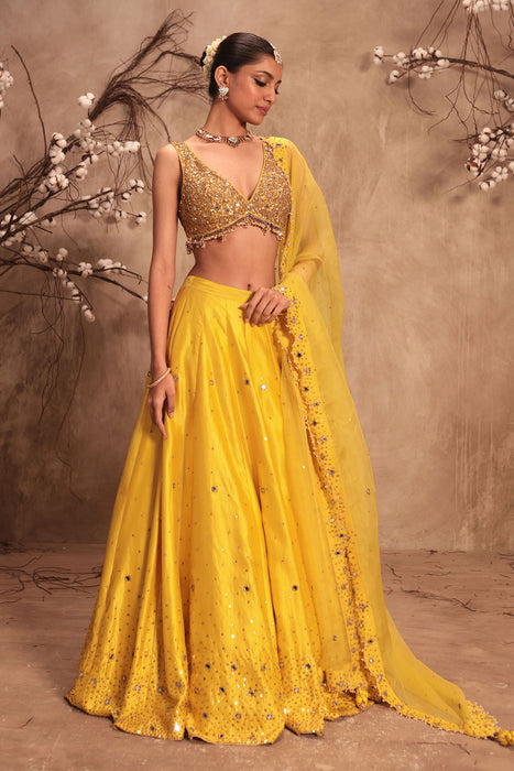 Nazakat Yellow Heavy Mirror Work Sleeveless Lehenga Set