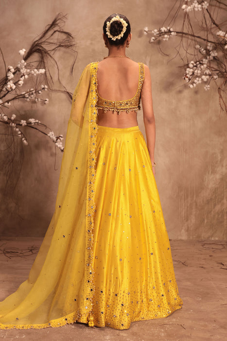 Nazakat Yellow Heavy Mirror Work Sleeveless Lehenga Set
