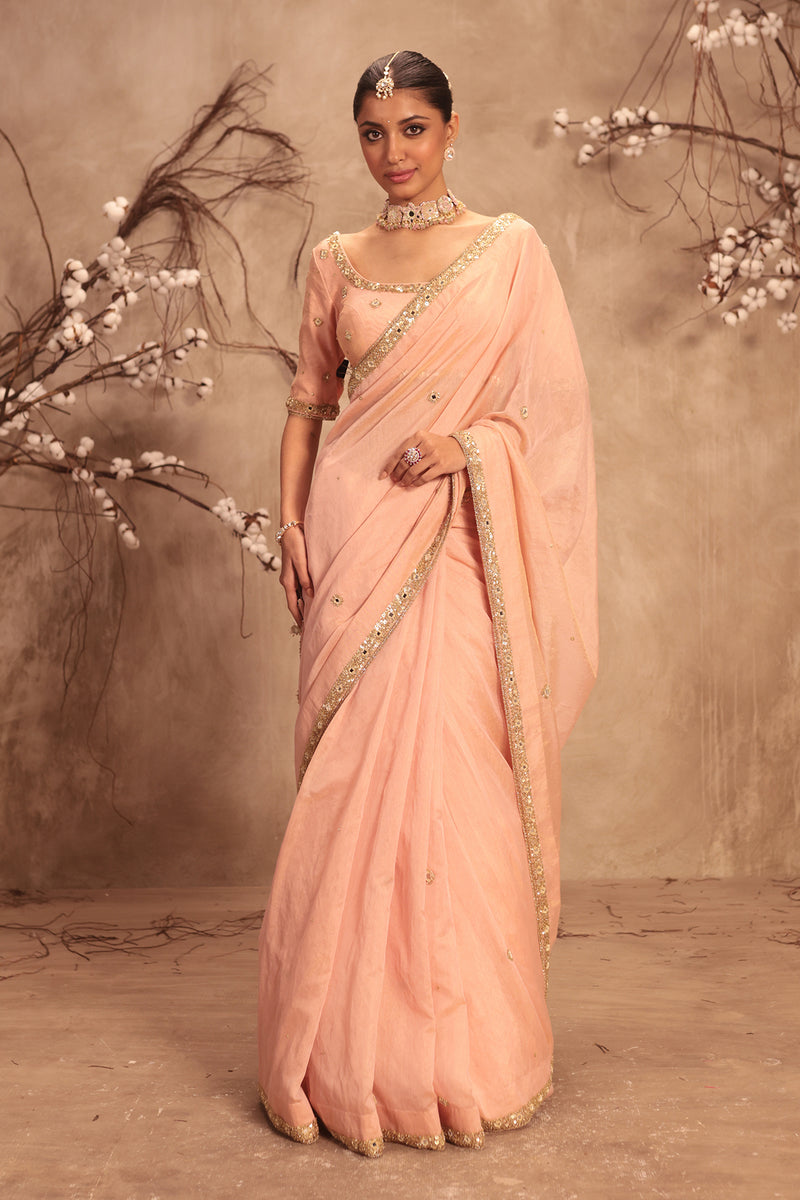 Nazakat Light Pink Mirror Work Scallop Saree Set