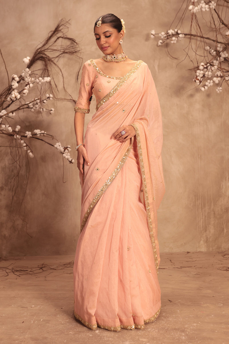 Nazakat Light Pink Mirror Work Scallop Saree Set