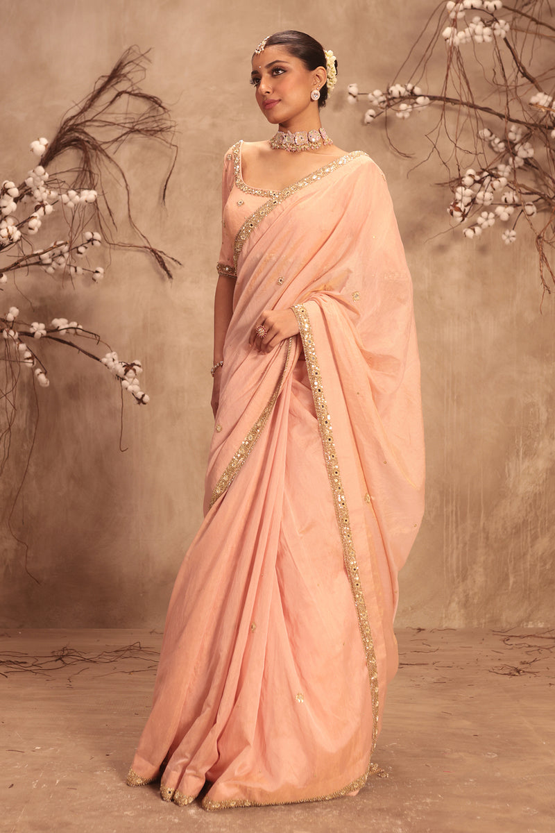 Nazakat Light Pink Mirror Work Scallop Saree Set