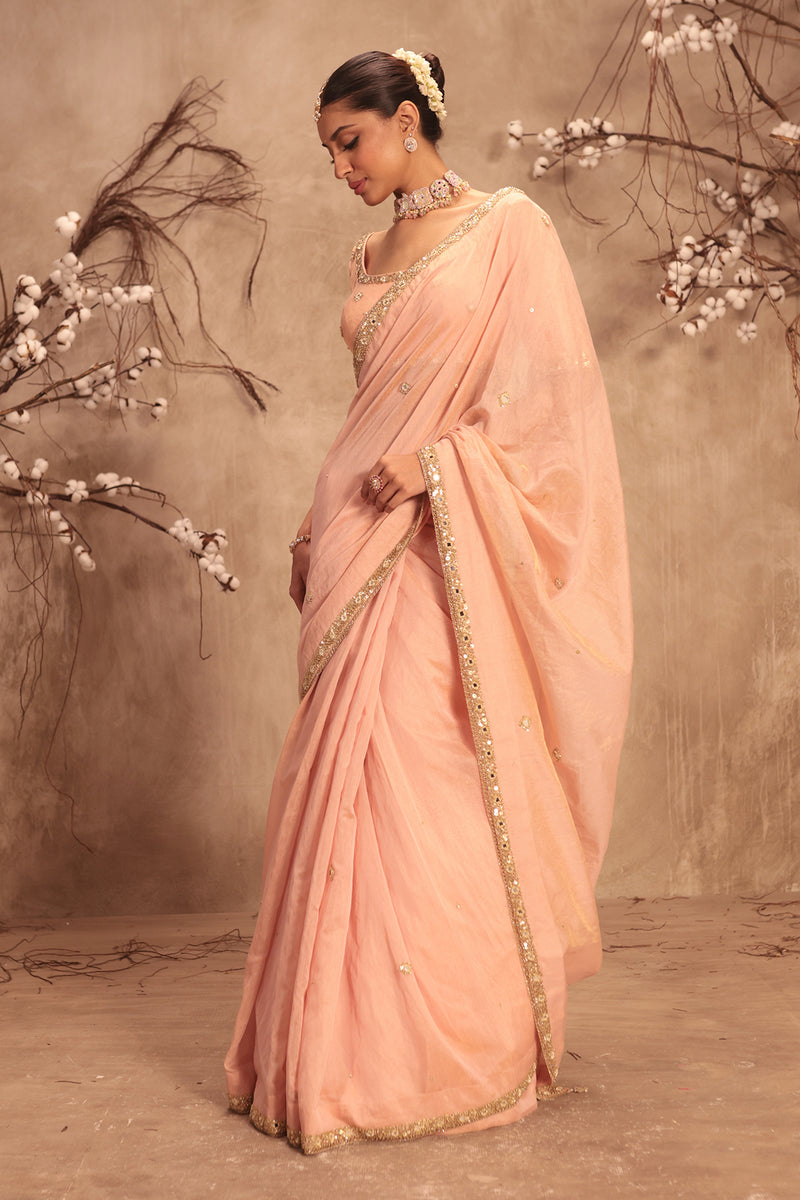 Nazakat Light Pink Mirror Work Scallop Saree Set