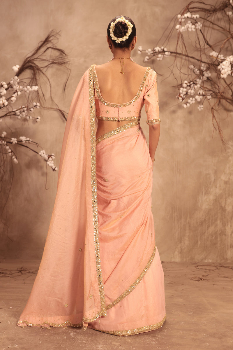 Nazakat Light Pink Mirror Work Scallop Saree Set