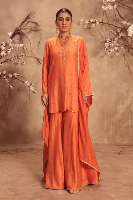 Nazakat Orange Mirror Work Sharara Set