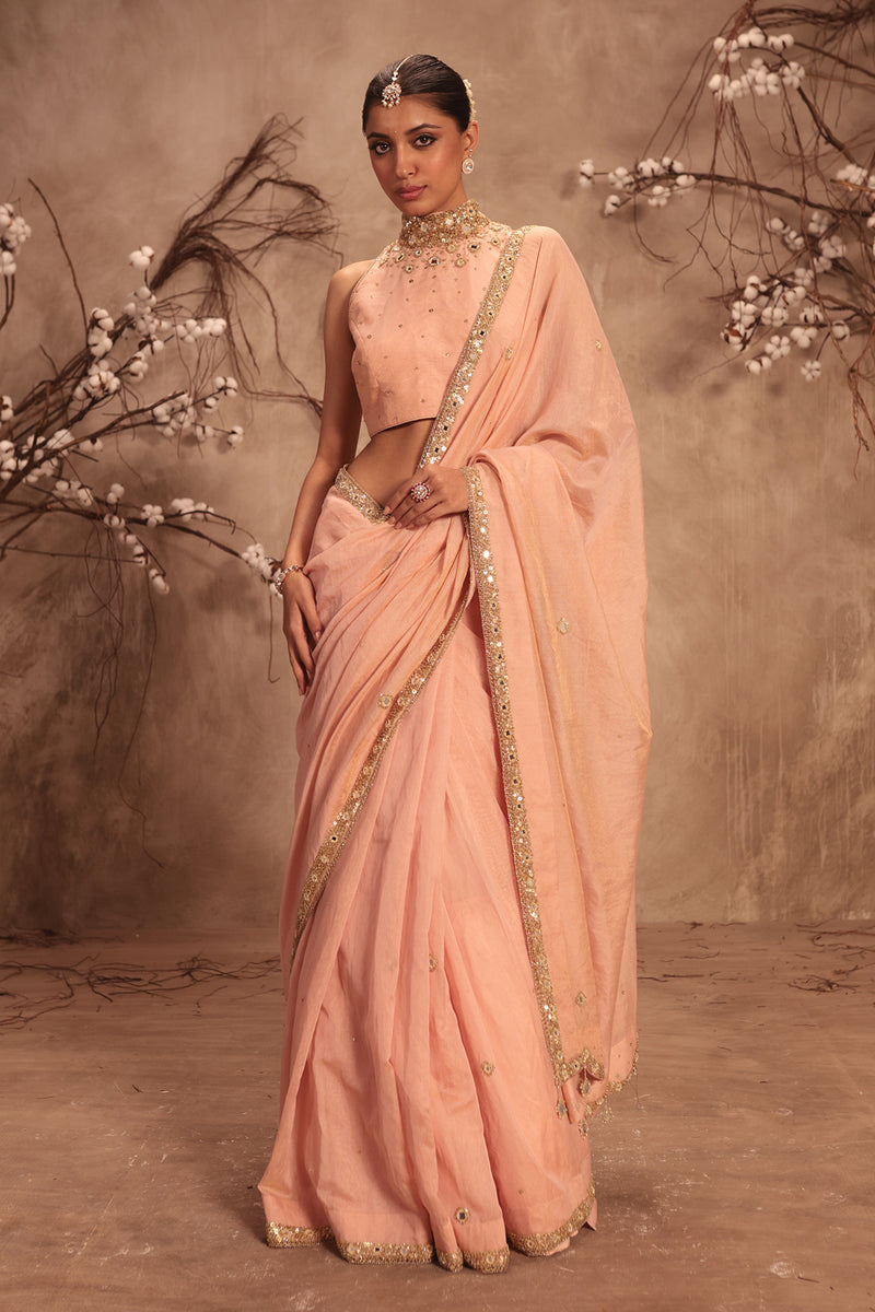 Nazakat Light Pink Choker Neck Scallop Saree Set