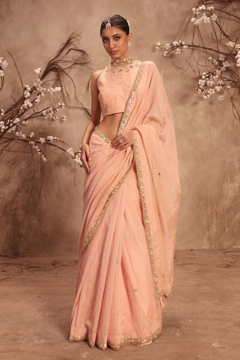 Nazakat Light Pink Choker Neck Scallop Saree Set