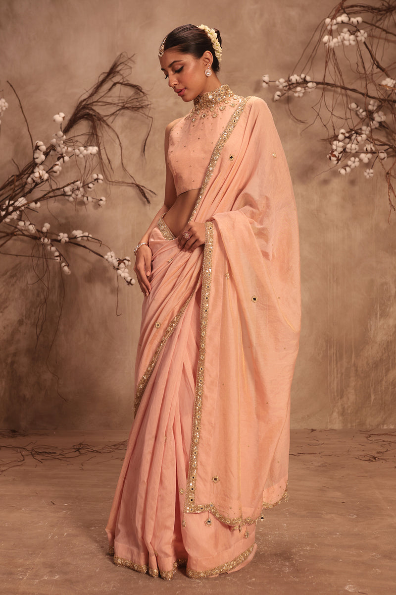 Nazakat Light Pink Choker Neck Scallop Saree Set