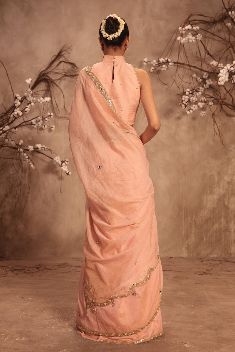 Nazakat Light Pink Choker Neck Scallop Saree Set