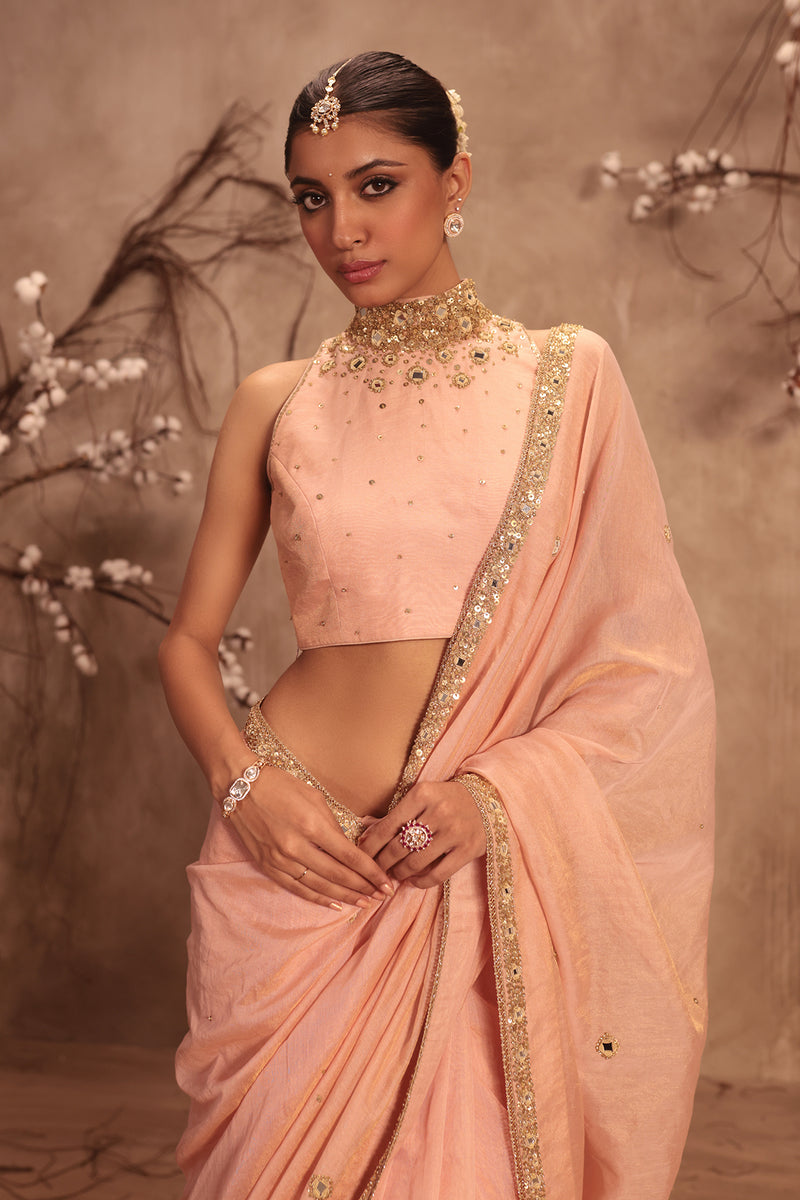 Nazakat Light Pink Choker Neck Scallop Saree Set