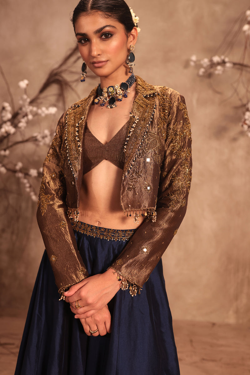 Nazakat Gold Tissue Jacket Style Lehenga Set