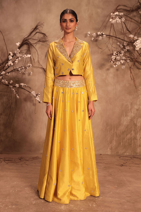 Nazakat Yellow Heavy Jacket Style Lehenga Set