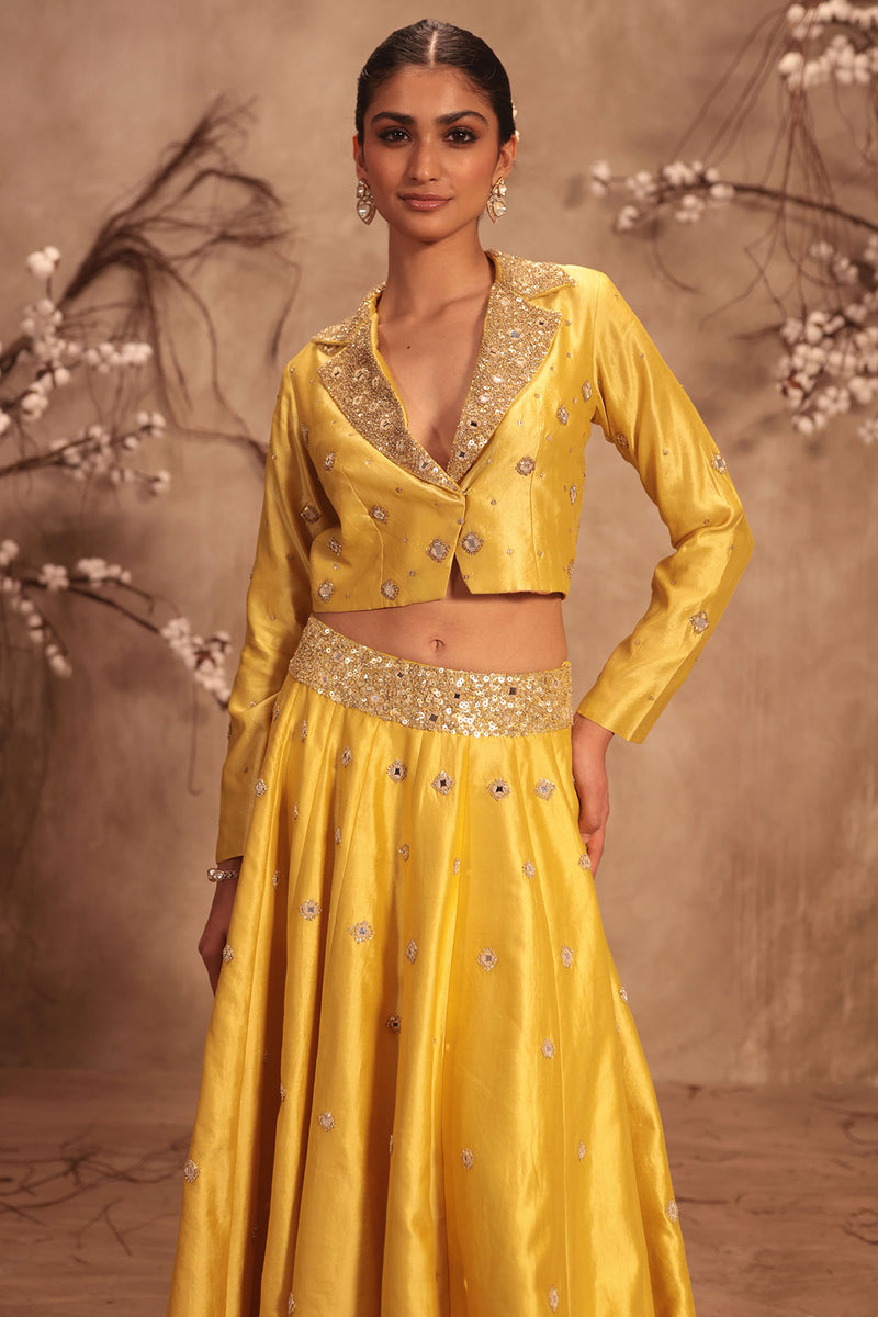 Nazakat Yellow Heavy Jacket Style Lehenga Set