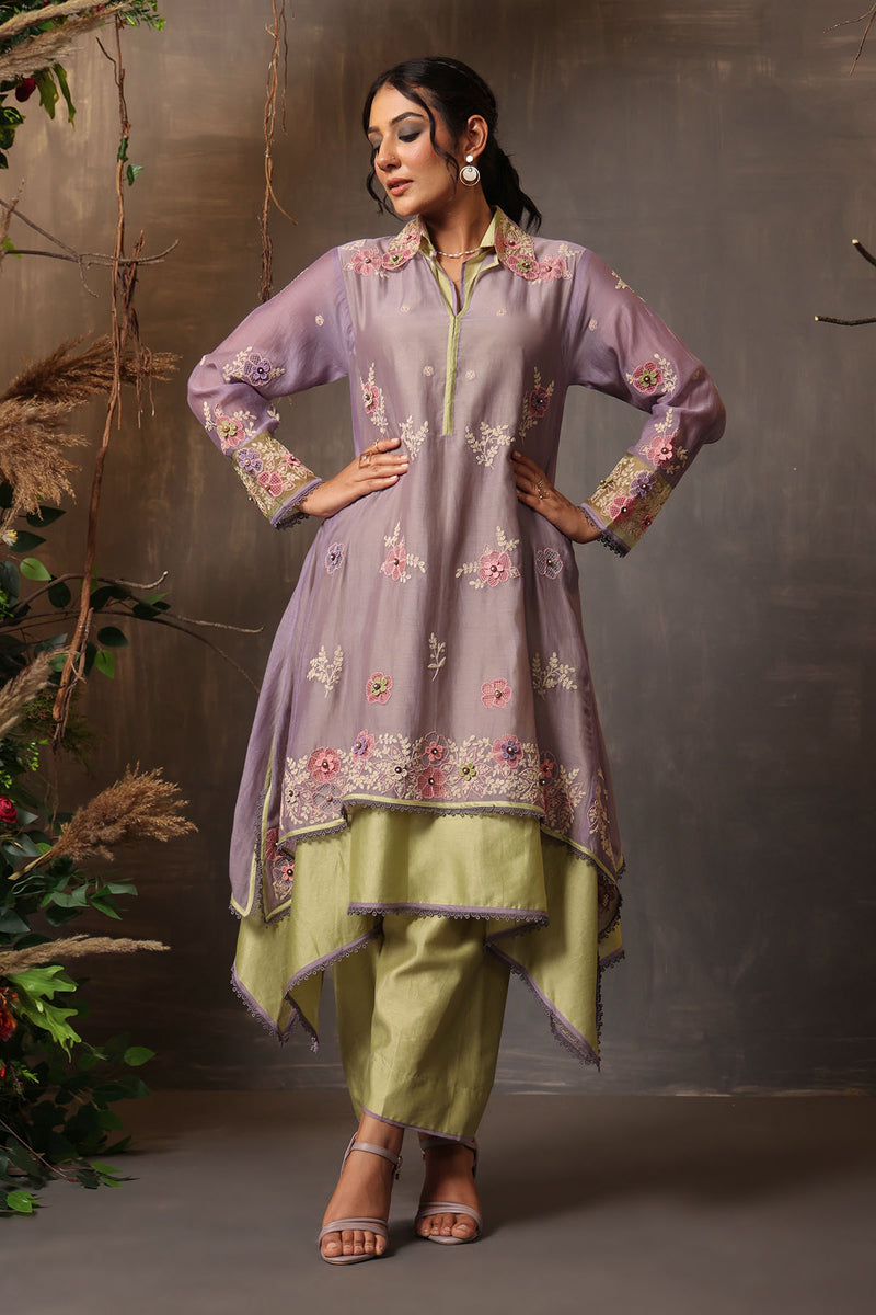 GULSHAN LAYERED HEAVY  KURTA LILAC AND SEA GREEN