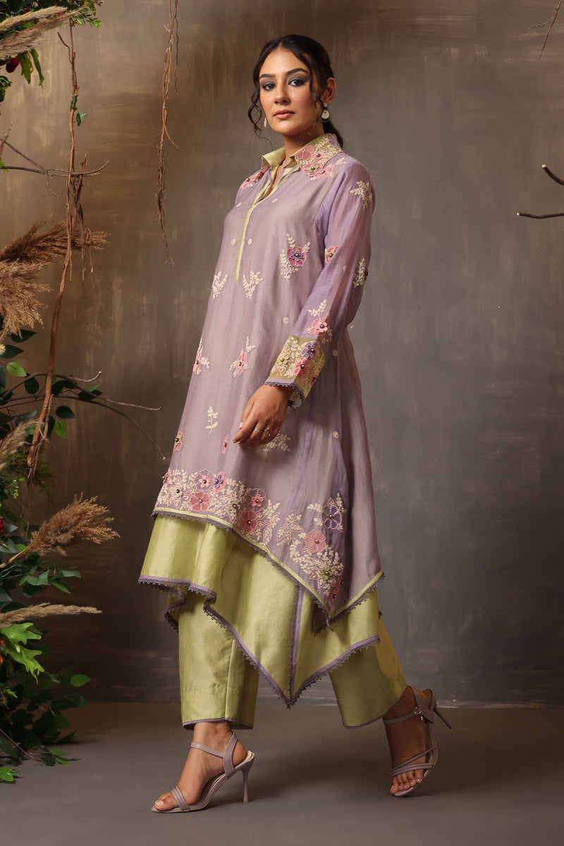 GULSHAN LAYERED HEAVY  KURTA LILAC AND SEA GREEN