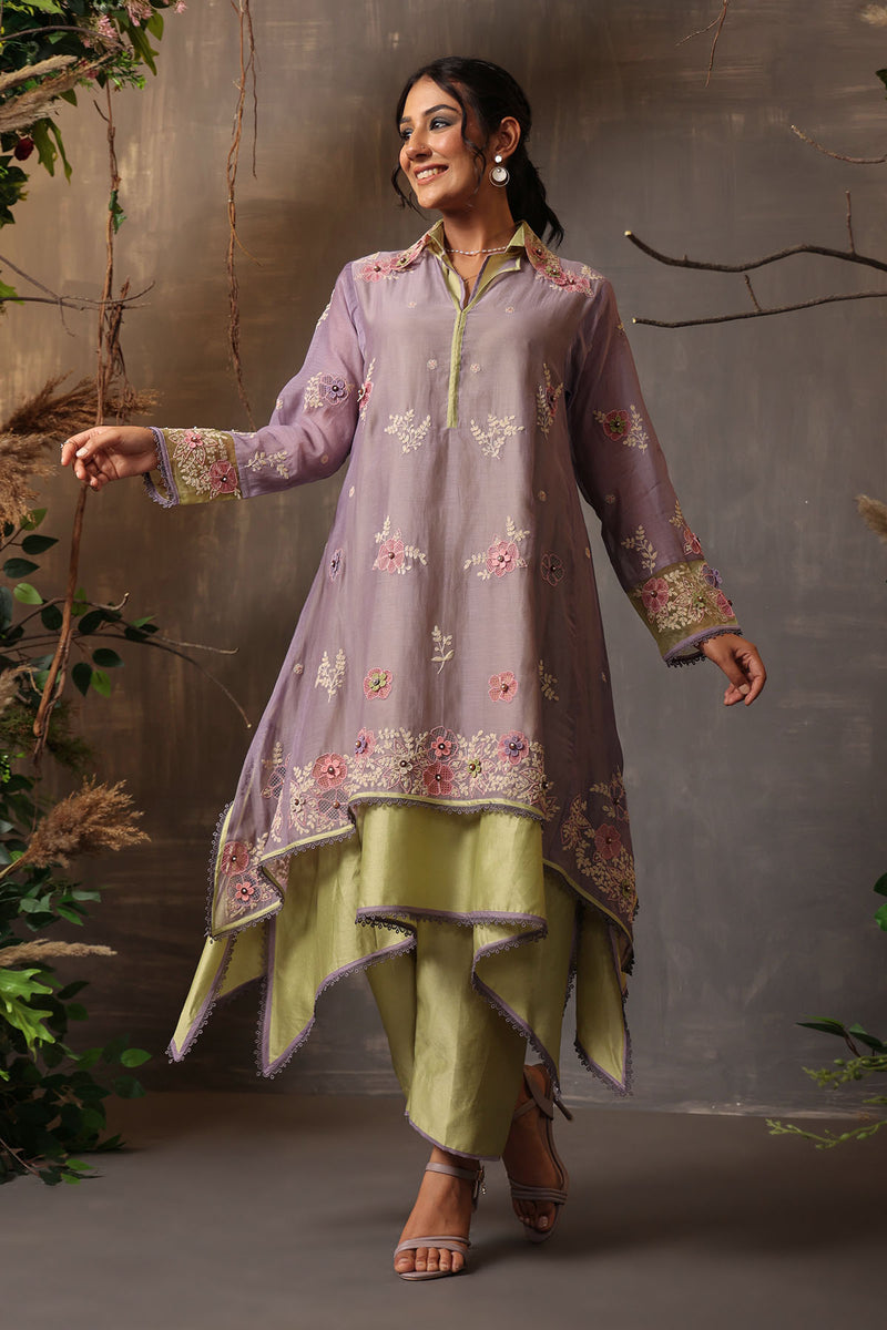 GULSHAN LAYERED HEAVY  KURTA LILAC AND SEA GREEN