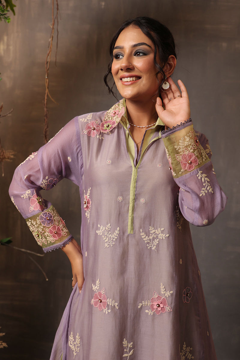 GULSHAN LAYERED HEAVY  KURTA LILAC AND SEA GREEN