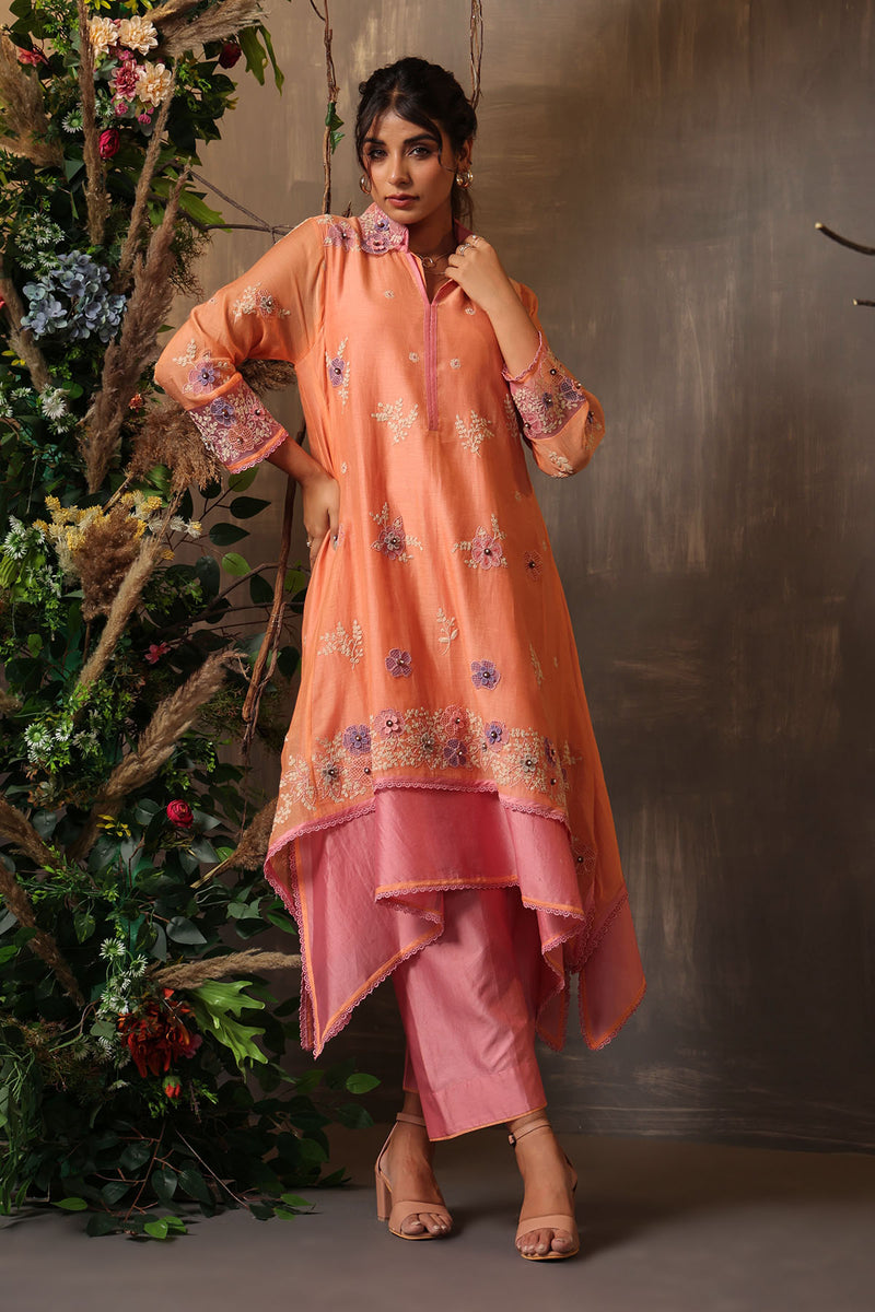 GULSHAN LAYERED HEAVY KURTA PEACH AND PINK