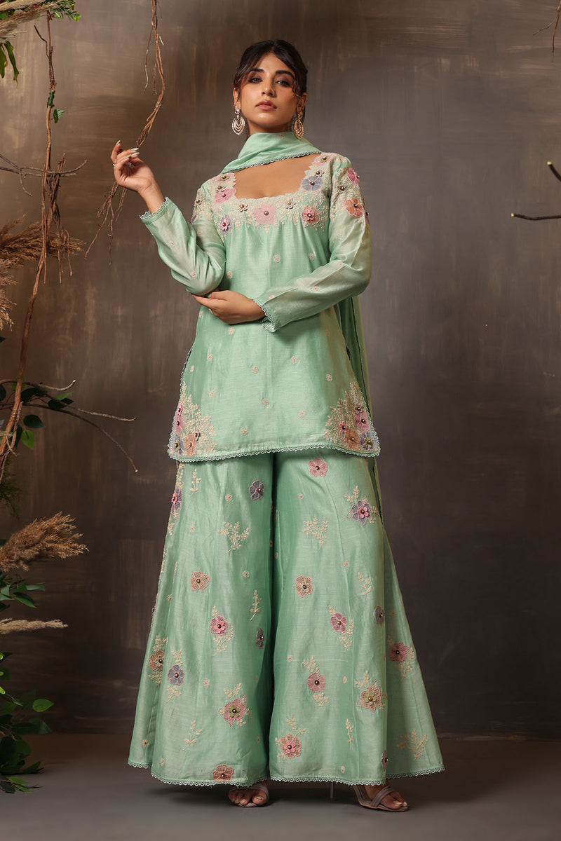 GULSHAN SHARARA SQUARE NECK SEA GREEN