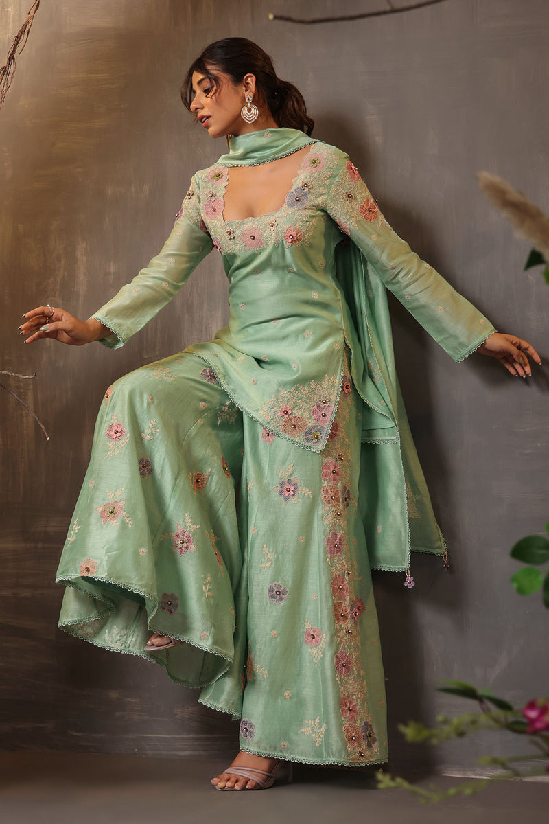 GULSHAN SHARARA SQUARE NECK SEA GREEN