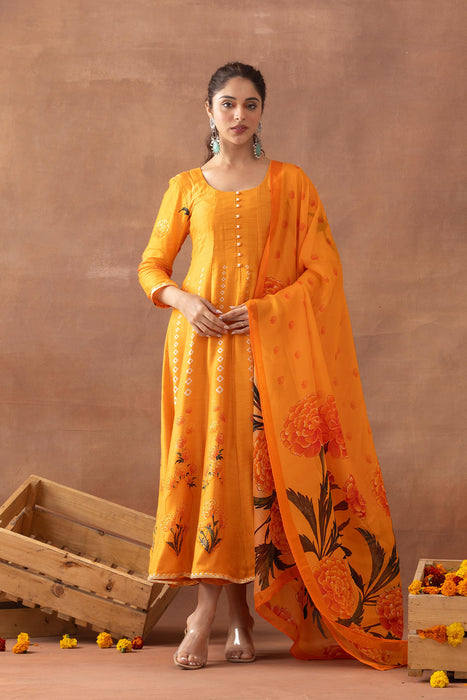 Sunehri- Orange Printed Anarkali Set