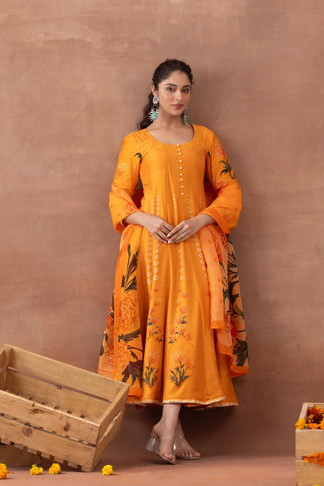 Sunehri- Orange Printed Anarkali Set