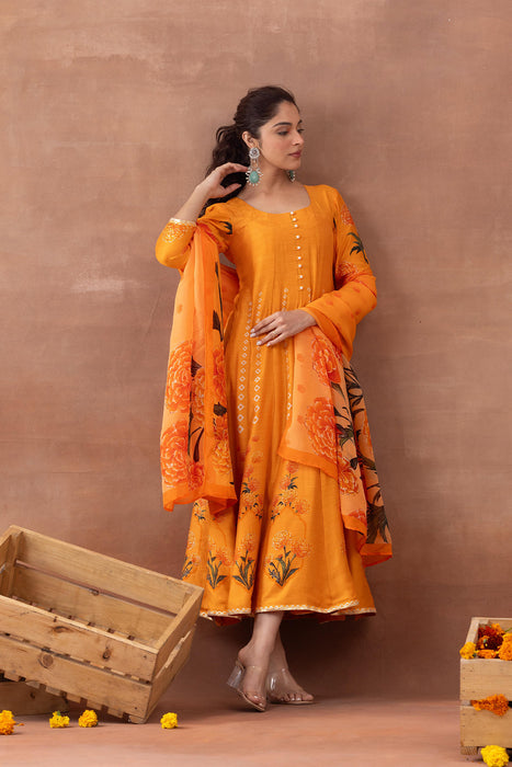 Sunehri- Orange Printed Anarkali Set
