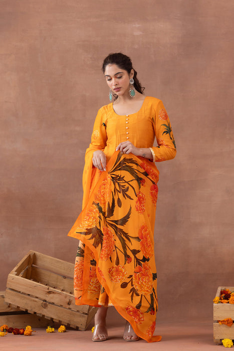 Sunehri- Orange Printed Anarkali Set