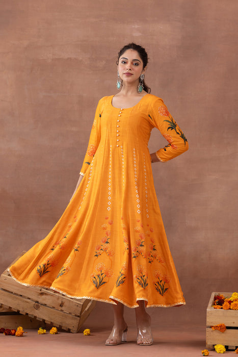 Sunehri- Orange Printed Anarkali Set