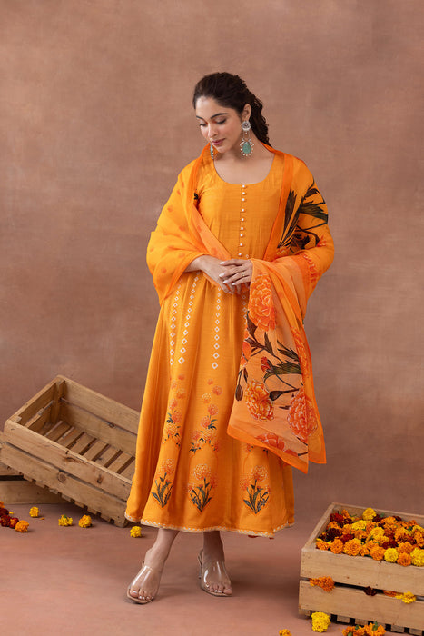 Sunehri- Orange Printed Anarkali Set