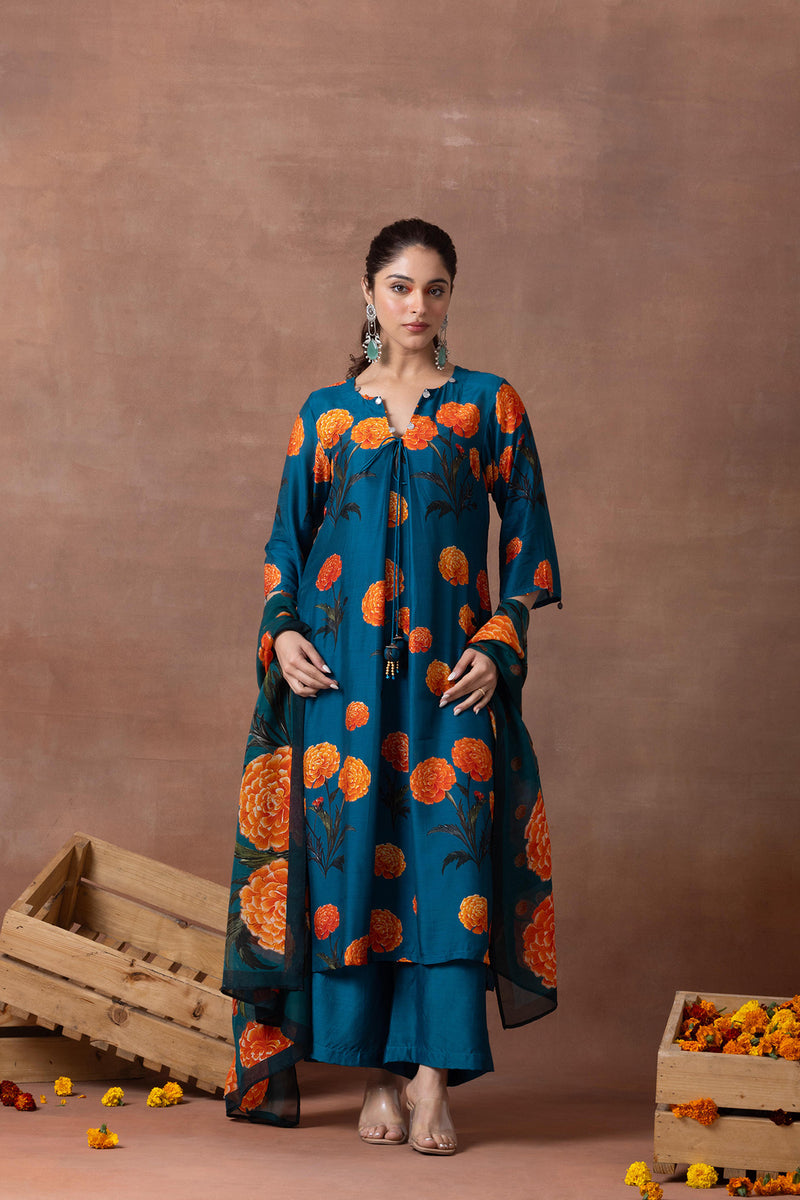 Amber- Teal Printed Suit Set