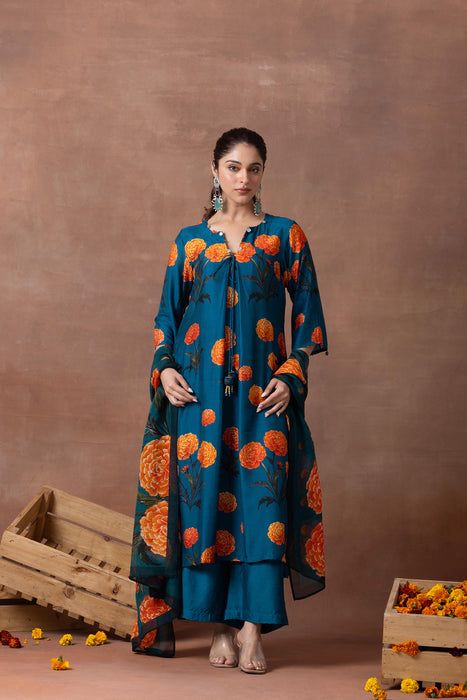 Amber- Teal Printed Suit Set