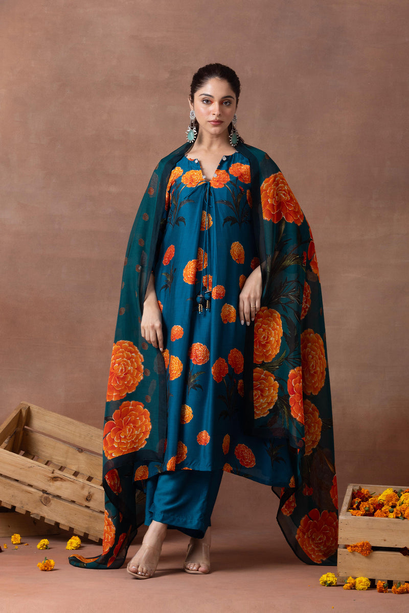 Amber- Teal Printed Suit Set