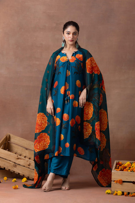 Amber- Teal Printed Suit Set