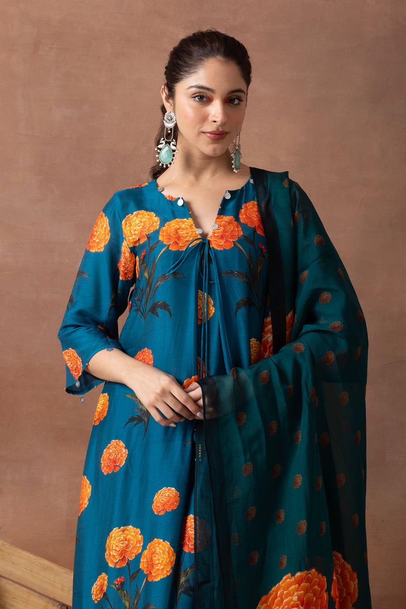 Amber- Teal Printed Suit Set