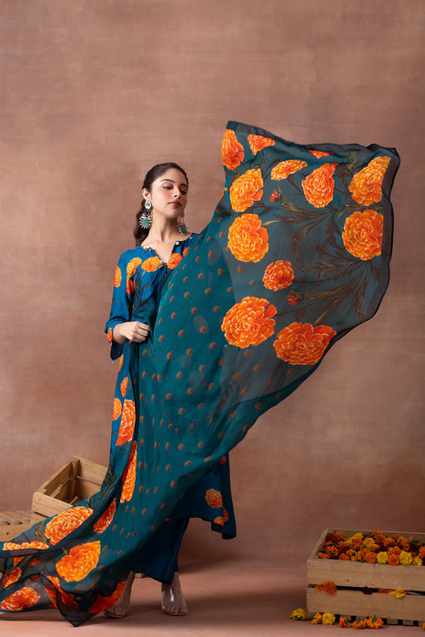 Amber- Teal Printed Suit Set