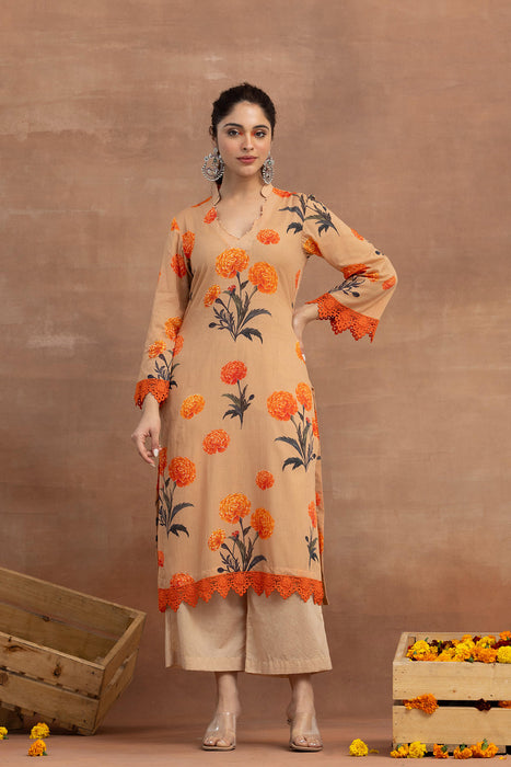 Chhaaya-Fawn Printed Kurta Set