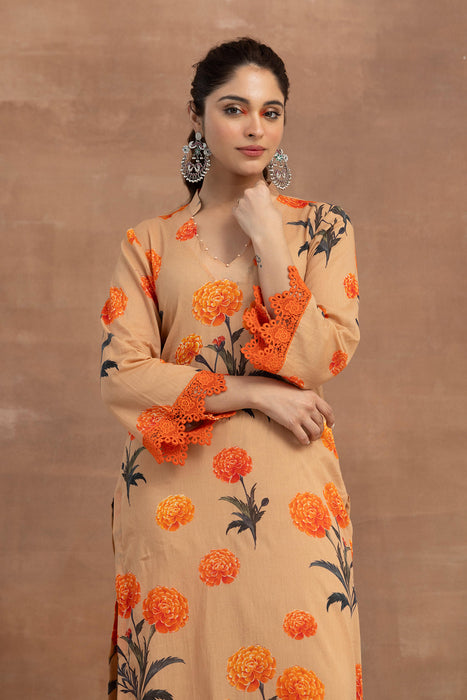 Chhaaya-Fawn Printed Kurta Set