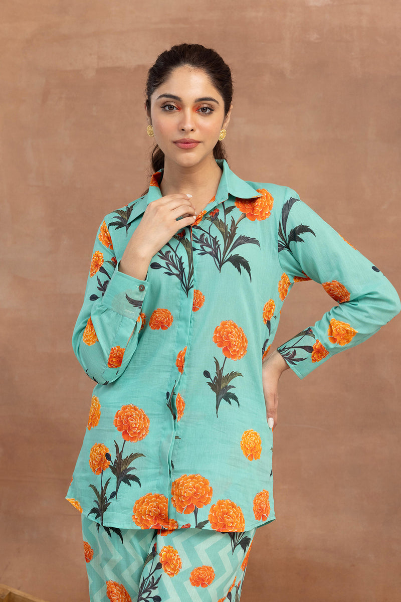 Meghni- Turquoise Shirt Coord Set