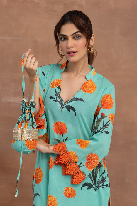 Tapasya- Turquoise Printed Kurta Set