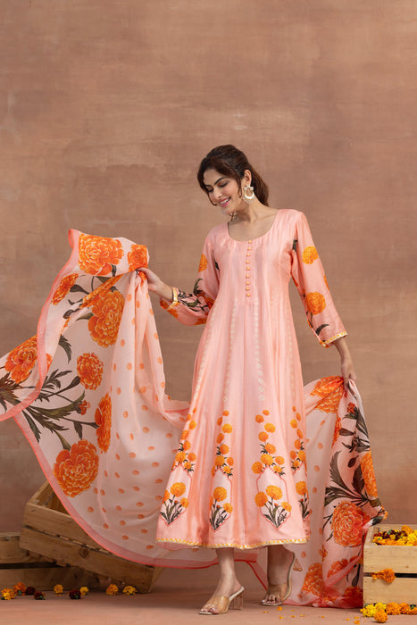 Kaira- Peach Printed Anarkali Set