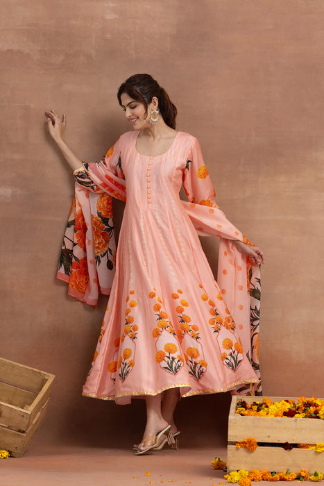 Kaira- Peach Printed Anarkali Set