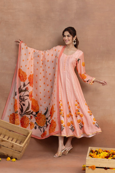 Kaira- Peach Printed Anarkali Set