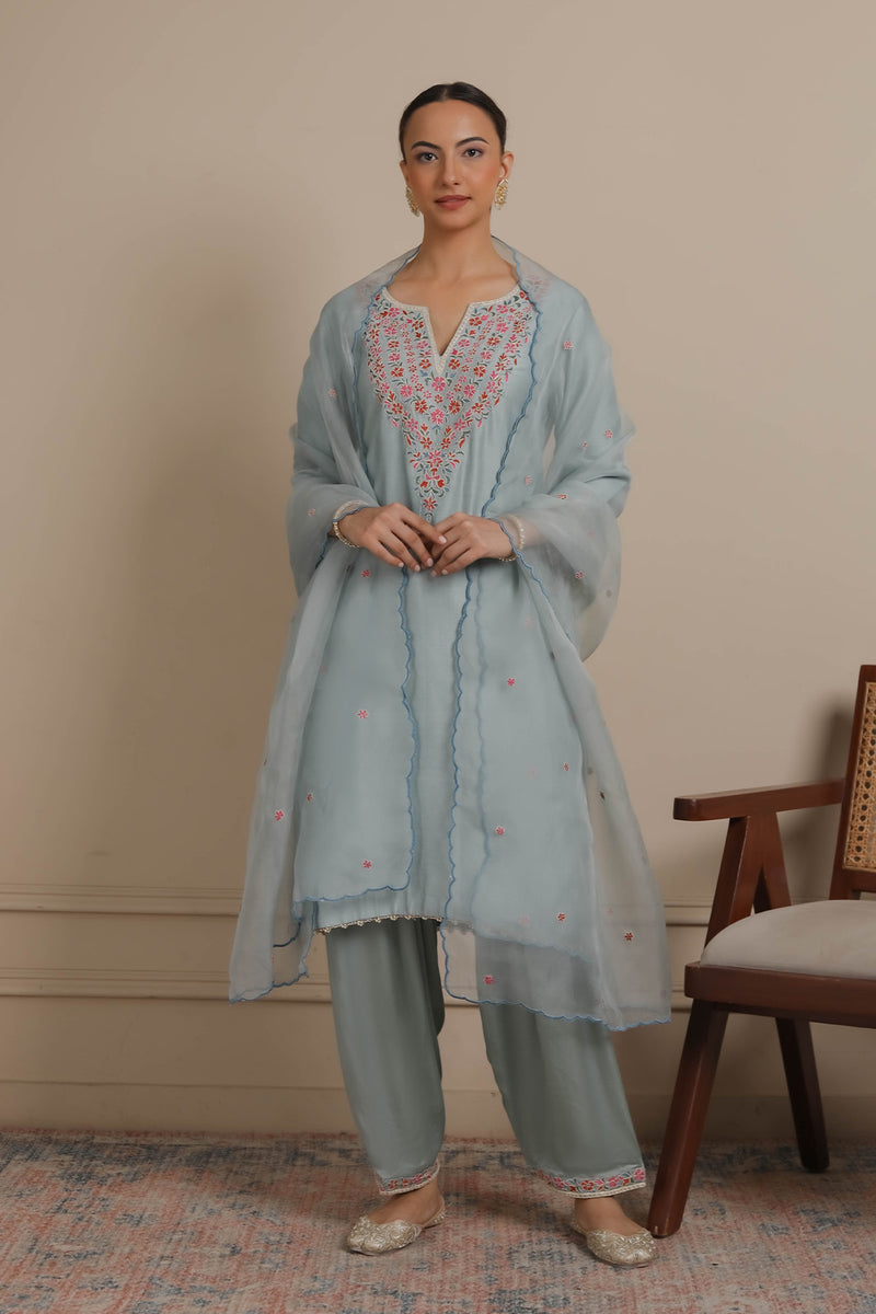 Blue Neck Embroidered Kurta & Salwar set